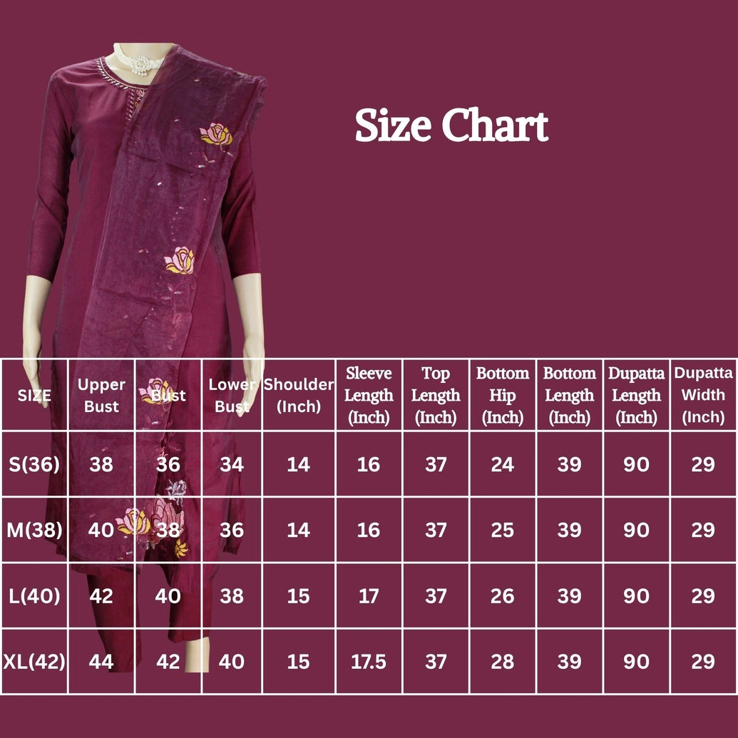 Dark Purple Floral Embroidered Kurti Pant Set with Chiffon Dupatta and Beads Work Neck Design