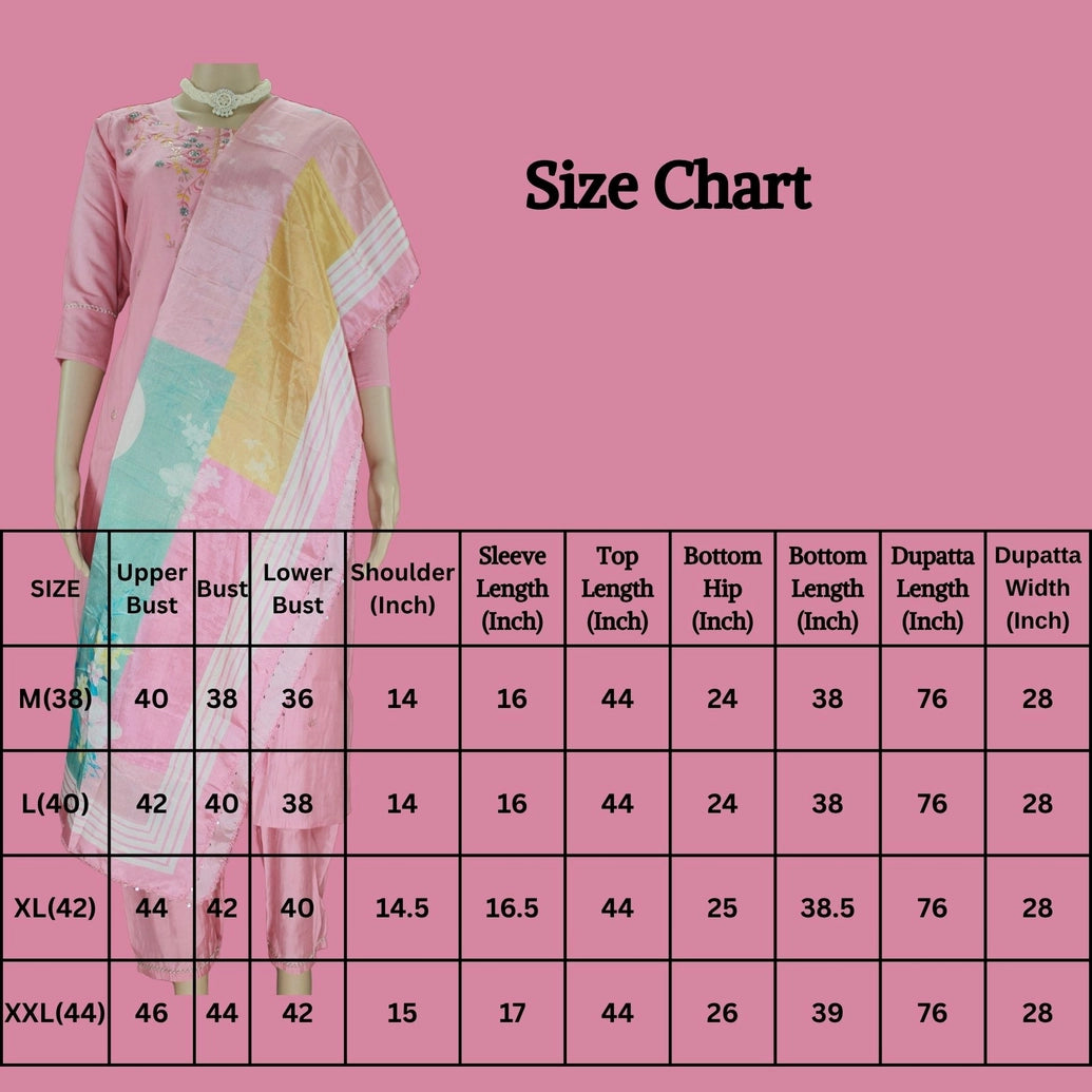 Light Pink Roman Silk 3-Piece Kurti Set with Embroidered Kurti, Elastic Pant & Chiffon Dupatta