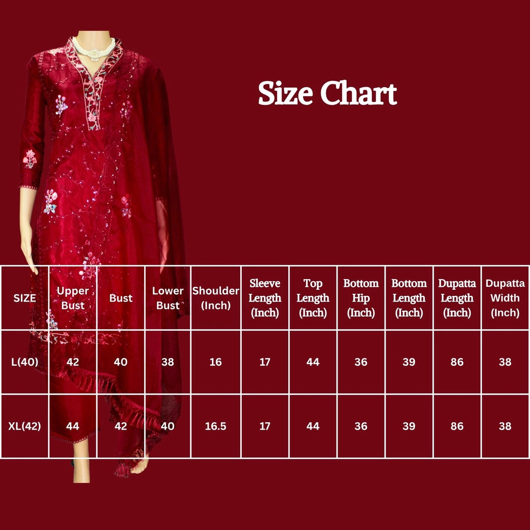 Maroon Organza 3-Piece Salwar Set with Khatli Work Kurti, Roman Silk Bottom and Border Work Dupatta