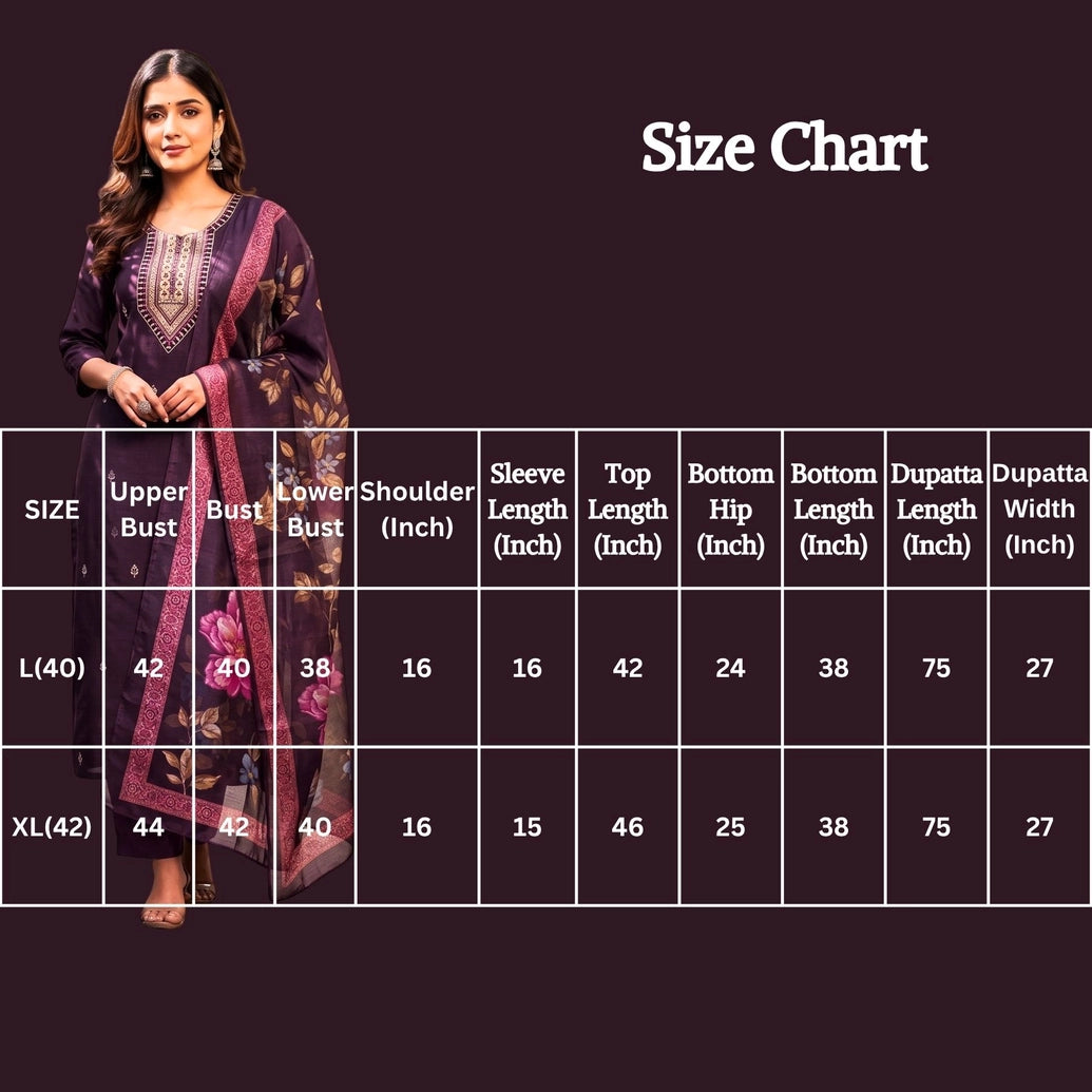 Purple Roman Silk 3-Piece Kurti Set with Elastic Pant and Zari-Sequence Organza Digital Dupatta