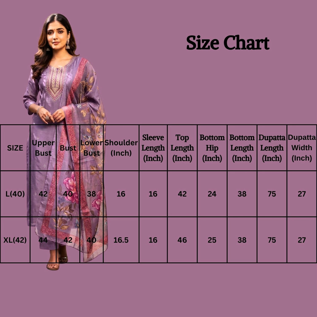 Lavender Roman Silk 3-Piece Kurta Set with Elastic Pant and Organza Digital Dupatta, Zari-Sequence Neck Design