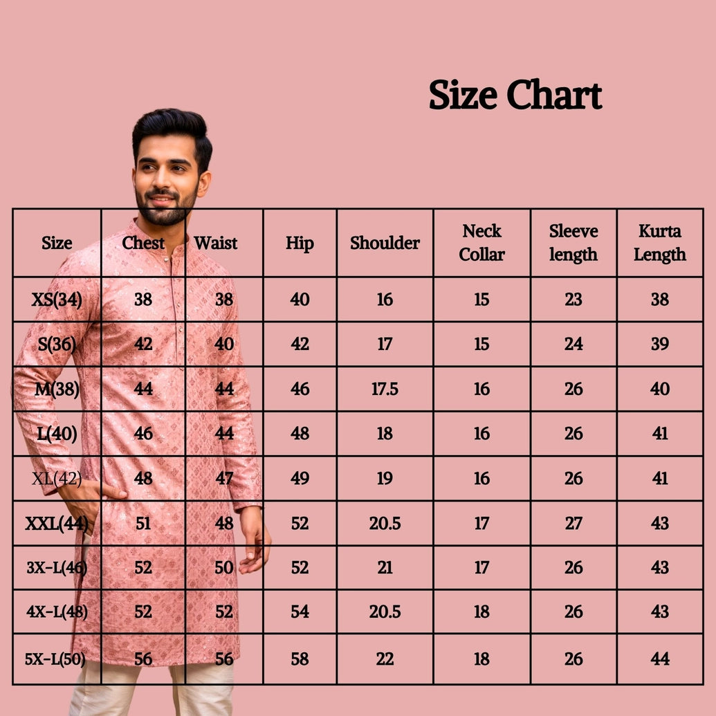 Men Onion Pink Lakhnavi Kurta with Jacquard Pattern, Band Collar & Button Placket