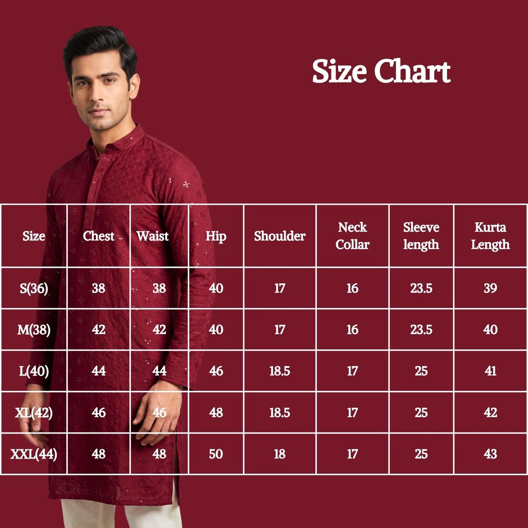Men's Maroon Lakhnavi Kurta with Sequined Texture and Band Collar for Festive Wear