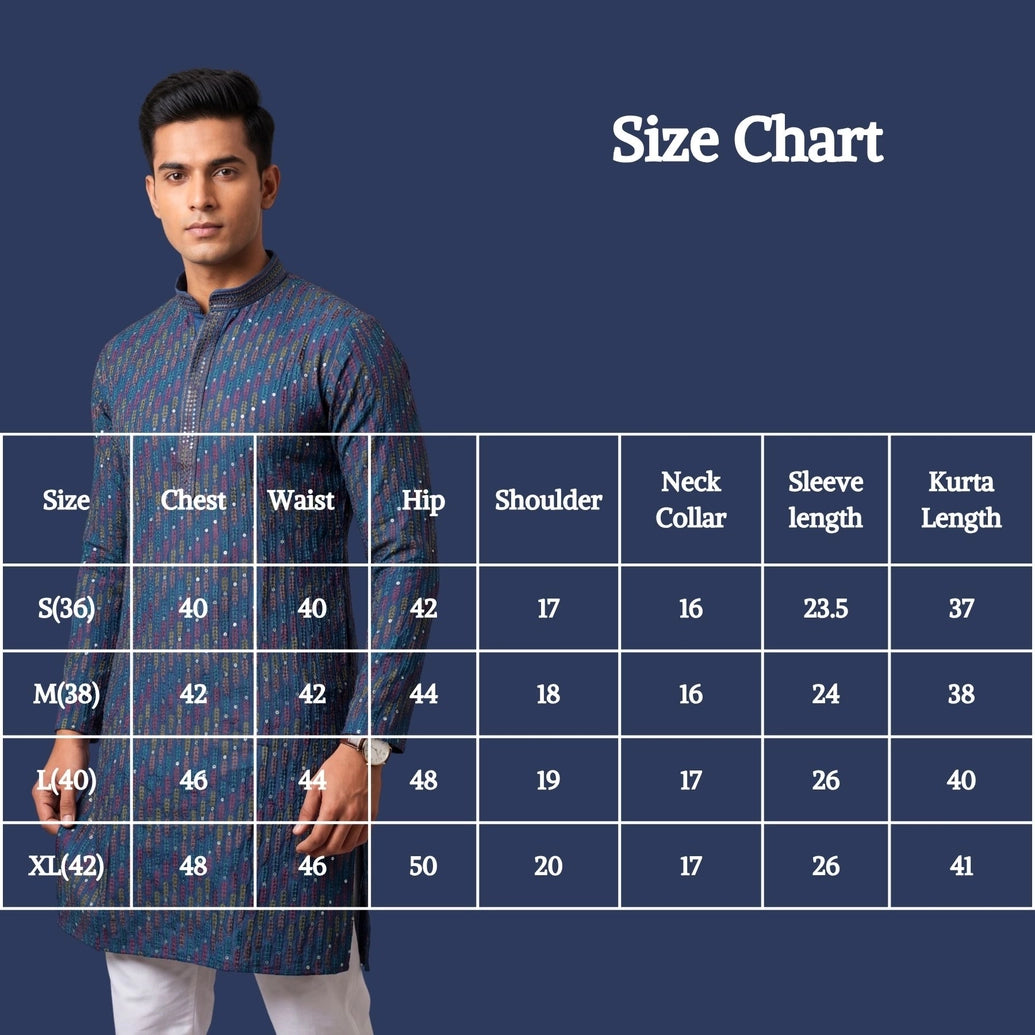 Men’s Blue Cotton Kurta with Multicolor Embroidery and Gold Sequins (Pareek) - Traditional Ethnic Wear