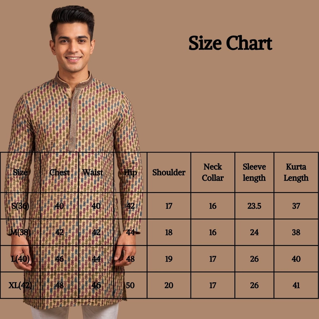 Men’s Beige Cotton Kurta with Multicolor Embroidery & Gold Sequin Detail (Pareek)