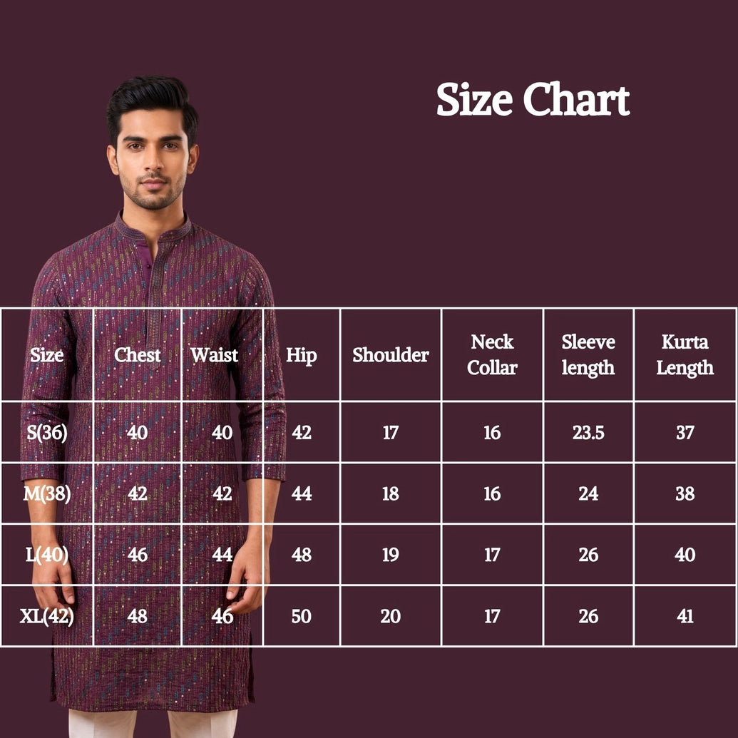 Men’s Wine Cotton Kurta with Multicolor Embroidery & Gold Sequin Work (Pareek) for Festive Wear