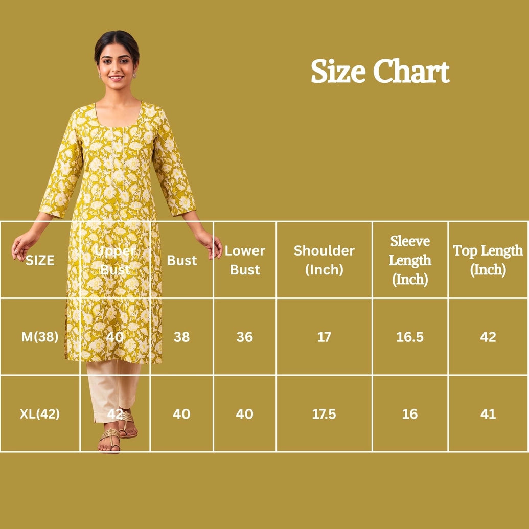 Olive Green Floral Cotton Kurti with Lace Details and Wooden Buttons
