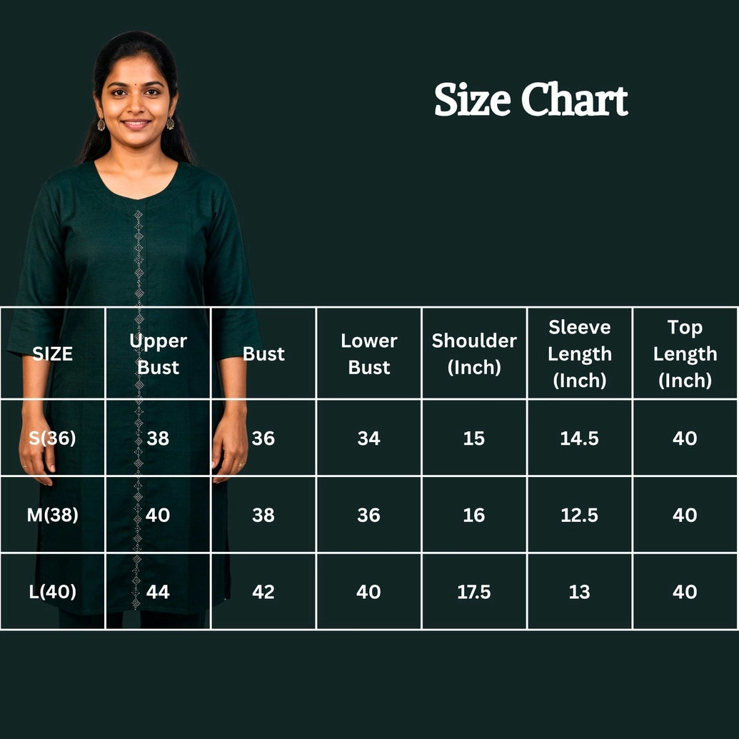 Dark Green Cotton Kurti with Vertical Diamond-Pattern Embellishment, Round Neck, 3/4 Sleeves