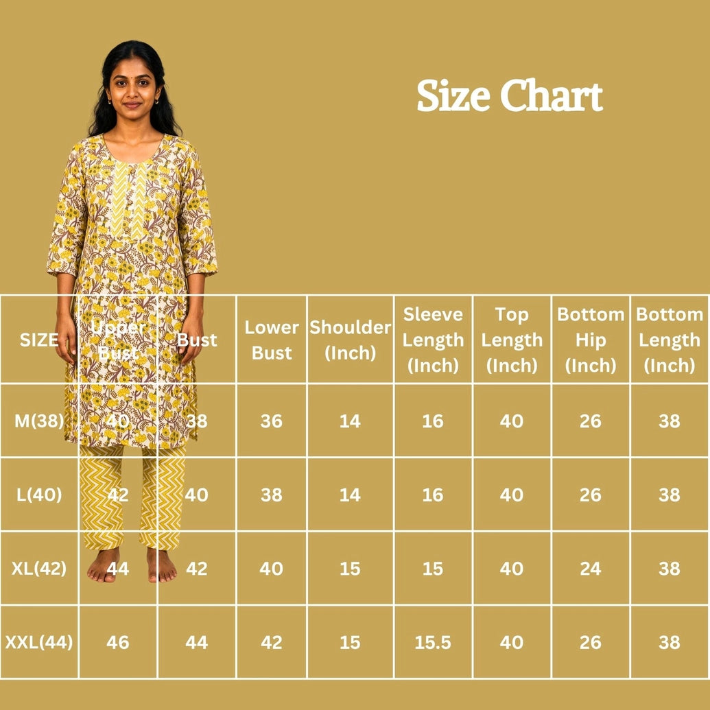 Women’s Yellow Floral Cotton Kurti with Chevron Panel Details & Elastic Pant Set