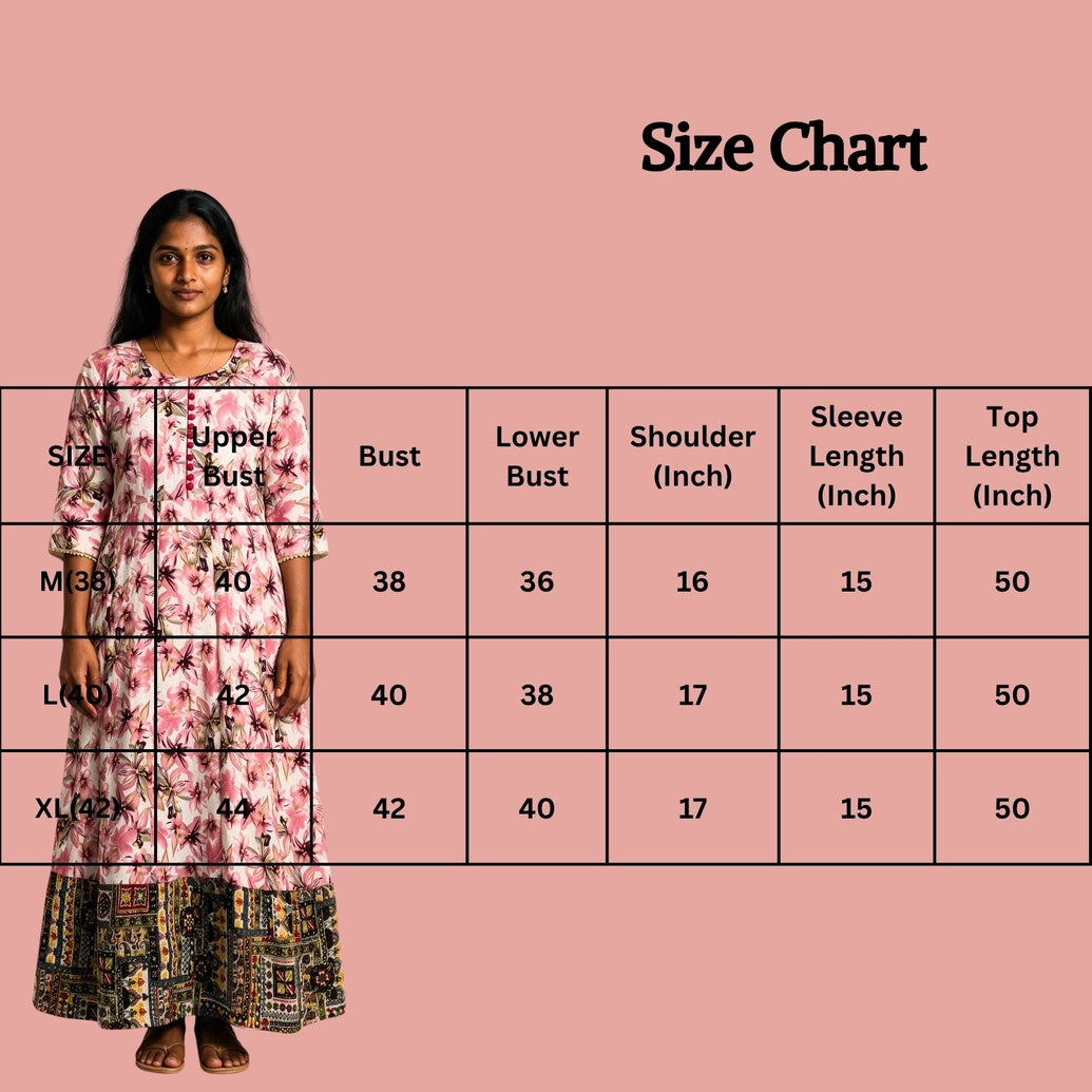 Pink Floral Rayon Anarkali Kurti with Stone Work, Round Neck and 3/4 Sleeves