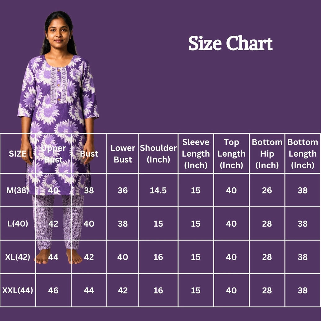 Lavender Floral Cotton Kurti with Elastic Pant Set for Women (2-Piece)