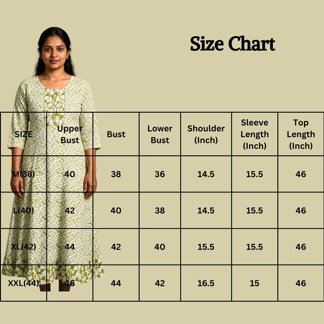 Olive Green Cotton Anarkali Gown with Dori Design, Geometric Floral Print & Golden Piping Detail