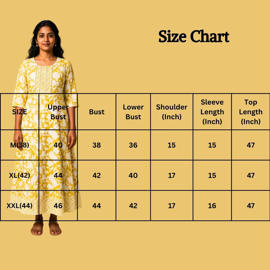 Yellow Cotton Anarkali Kurti with Geometric Floral Print, Golden Piping & Dori Detail