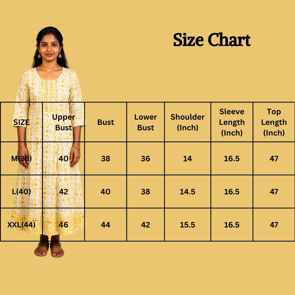 Women’s Yellow Cotton Anarkali Kurti Gown with Dori Design, Geometric Floral Print & Silver Sequin Detail