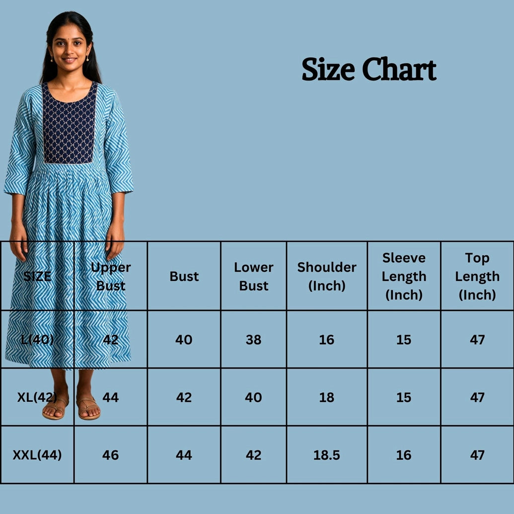 Women’s Navy Blue Cotton Anarkali Kurti Gown with Dori Tie, Geometric-Floral Print and Silver Sequin Detail