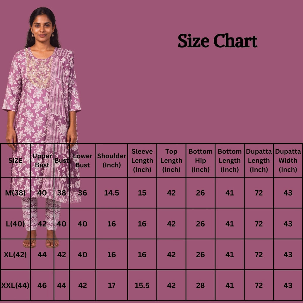 Pink Cotton 3-Piece Floral Kurti Set with Embroidery Work, Elastic Pant & Matching Dupatta