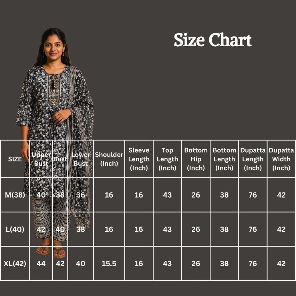 Black Floral Cotton Kurti Set with Striped Elastic Pant and Matching Dupatta for Women (3-Piece)
