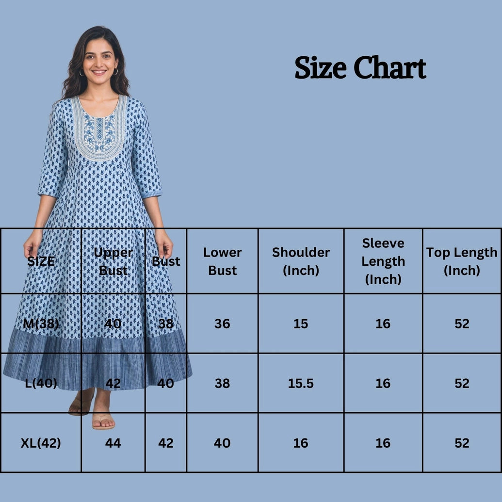 Light Blue Cotton Anarkali Kurti with Floral Print, Round Neck and Thread-Mirror Work