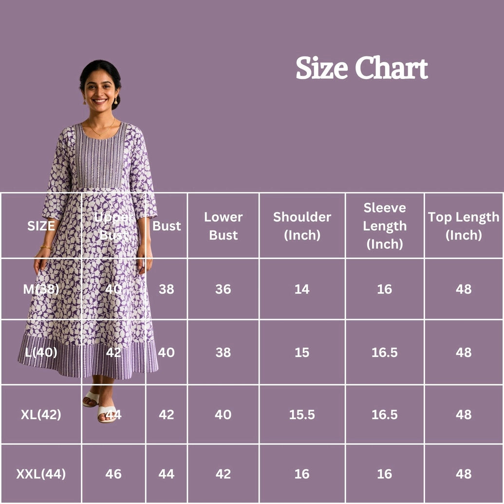 Lavender Cotton Anarkali Kurti Gown with Geometric Floral Print & Silver Sequin Stripe Detail
