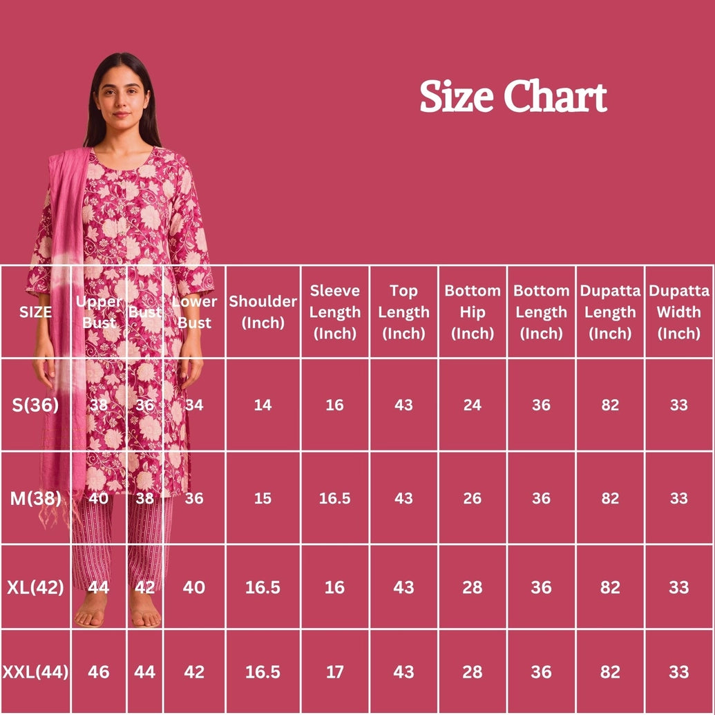 Pink Floral Cotton 3-Piece Kurti Set with Button Placket, Elastic Pant & Matching Dupatta