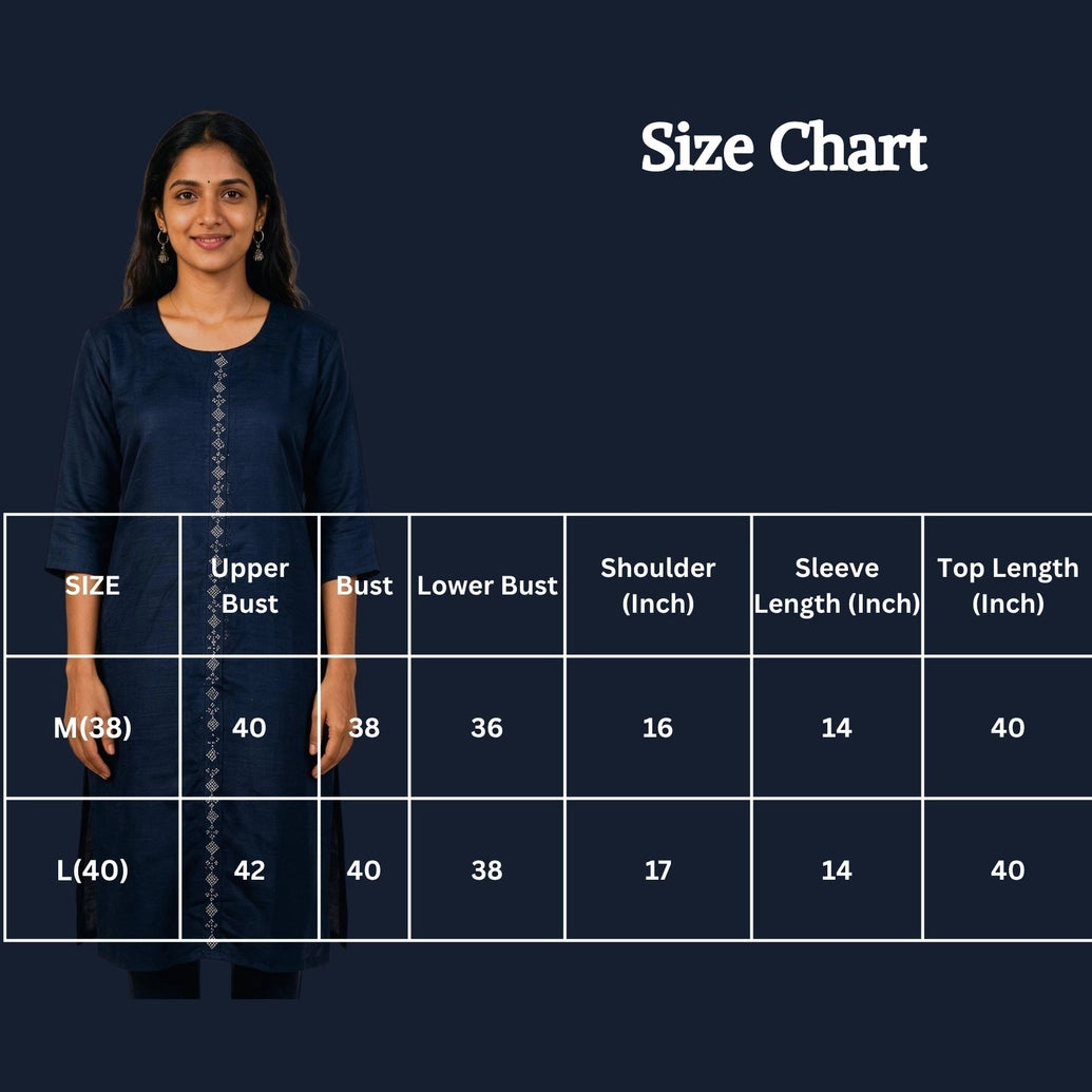 Women’s Dark Navy Blue Cotton Kurti with Vertical Diamond Detail and Round Neck