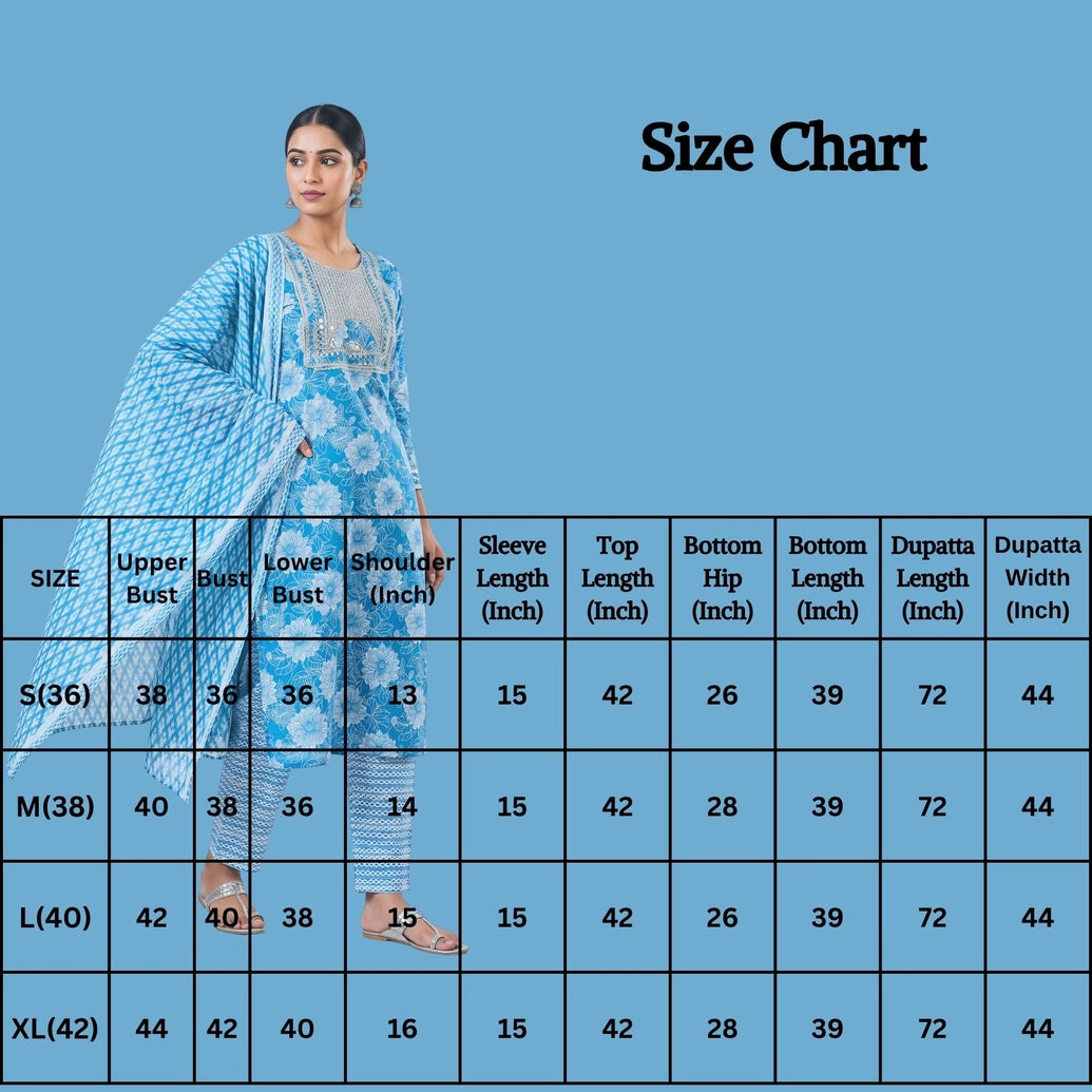 Sky Blue Cotton 3-Piece Kurti Set with Floral Print, Embroidered Neckline, Striped Pant and Matching Dupatta