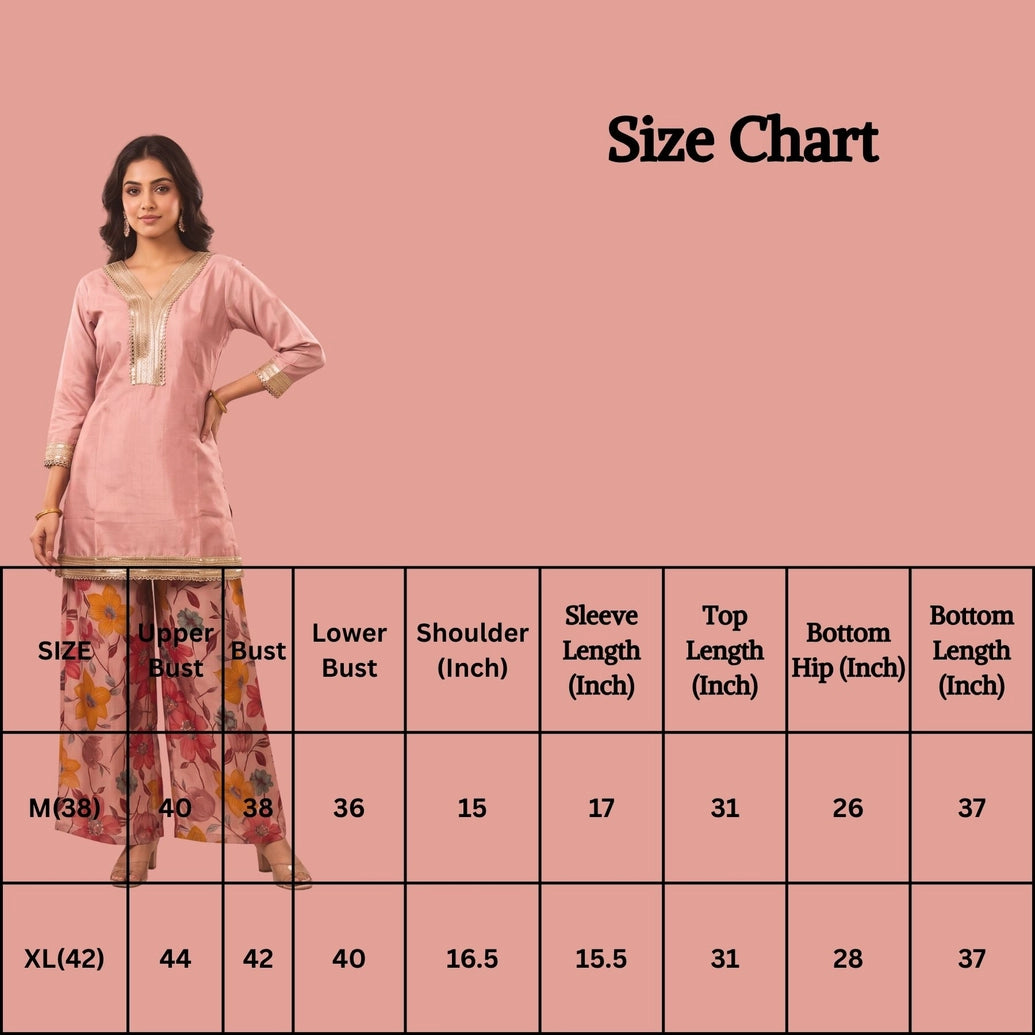 Pastel Pink Cotton 3-Piece Kurti Set with V-Neck Golden Embroidery, Sequins & Mirror Work, Pant & Dupatta