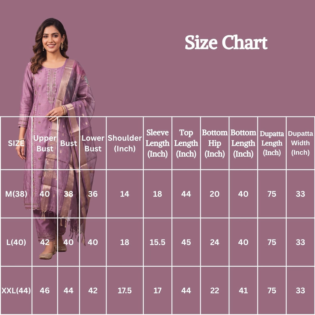Mauve Pink Roman Silk 3-Piece Kurta Set with Embroidered Neckline, Elastic Pant & Printed Organza Dupatta