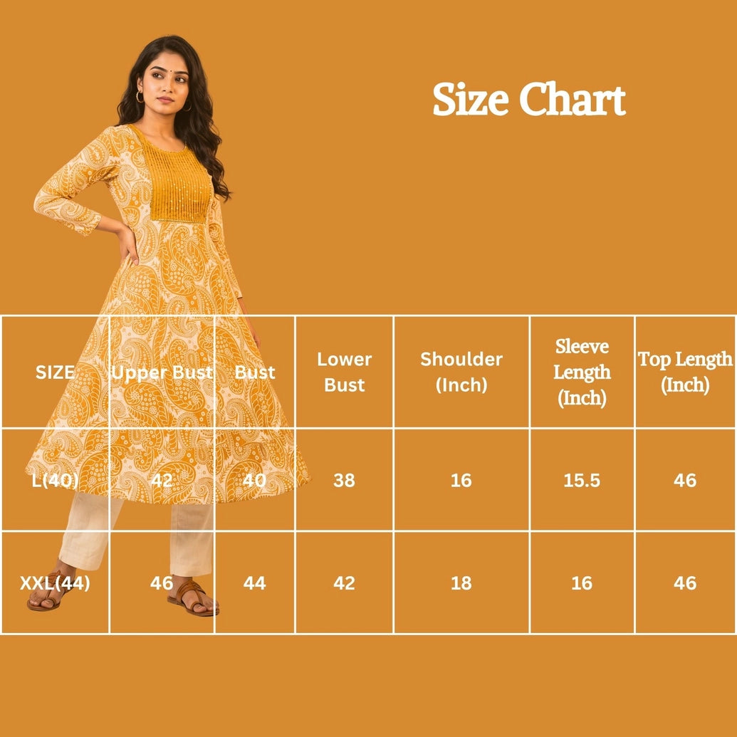 Orange Cotton Anarkali Kurti with Geometric & Floral Print and Silver Sequin Stripe, Dori Design for Women