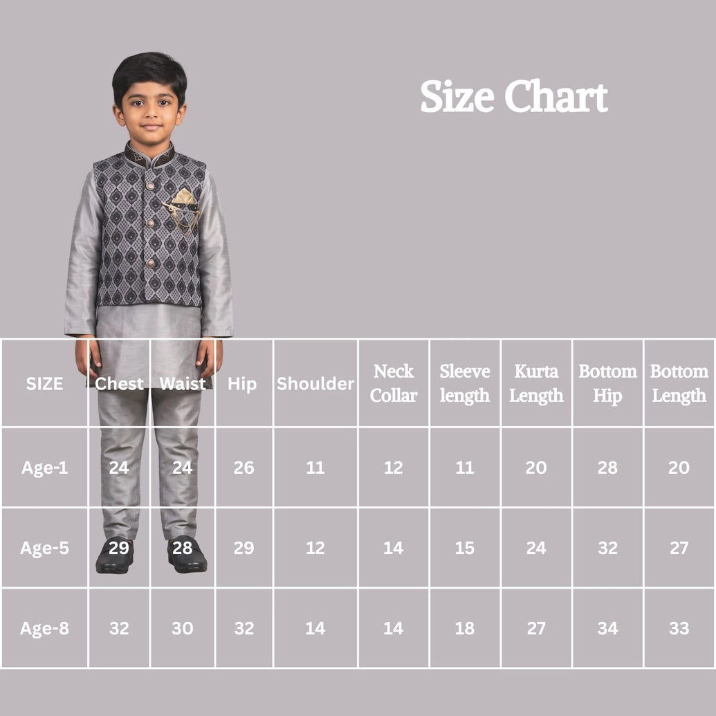 Boys Charcoal Grey Koti Kurta Set with Nehru Jacket, Printed Nehru Waistcoat and Matching Pants
