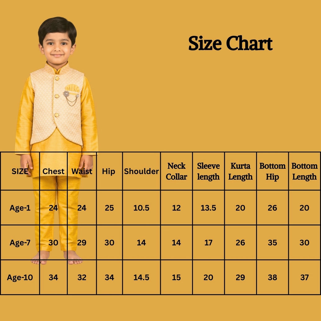 Boys Yellow Cotton 3-Piece Kurta Set with Printed Nehru Jacket, Matching Pants and Brooch