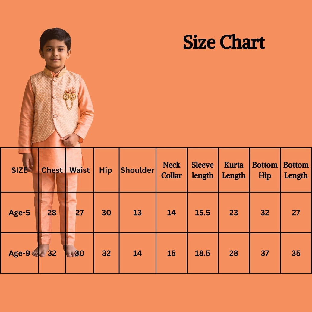 Peach Boys Koti Kurta Set with Printed Nehru Jacket, Cotton Kurta & Matching Pants, Decorative Brooch