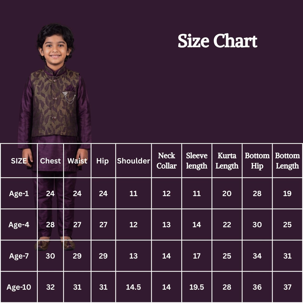 Boys Wine Koti Kurta Set (3-Piece) with Nehru-Style Waistcoat, Matching Pants & Brooch