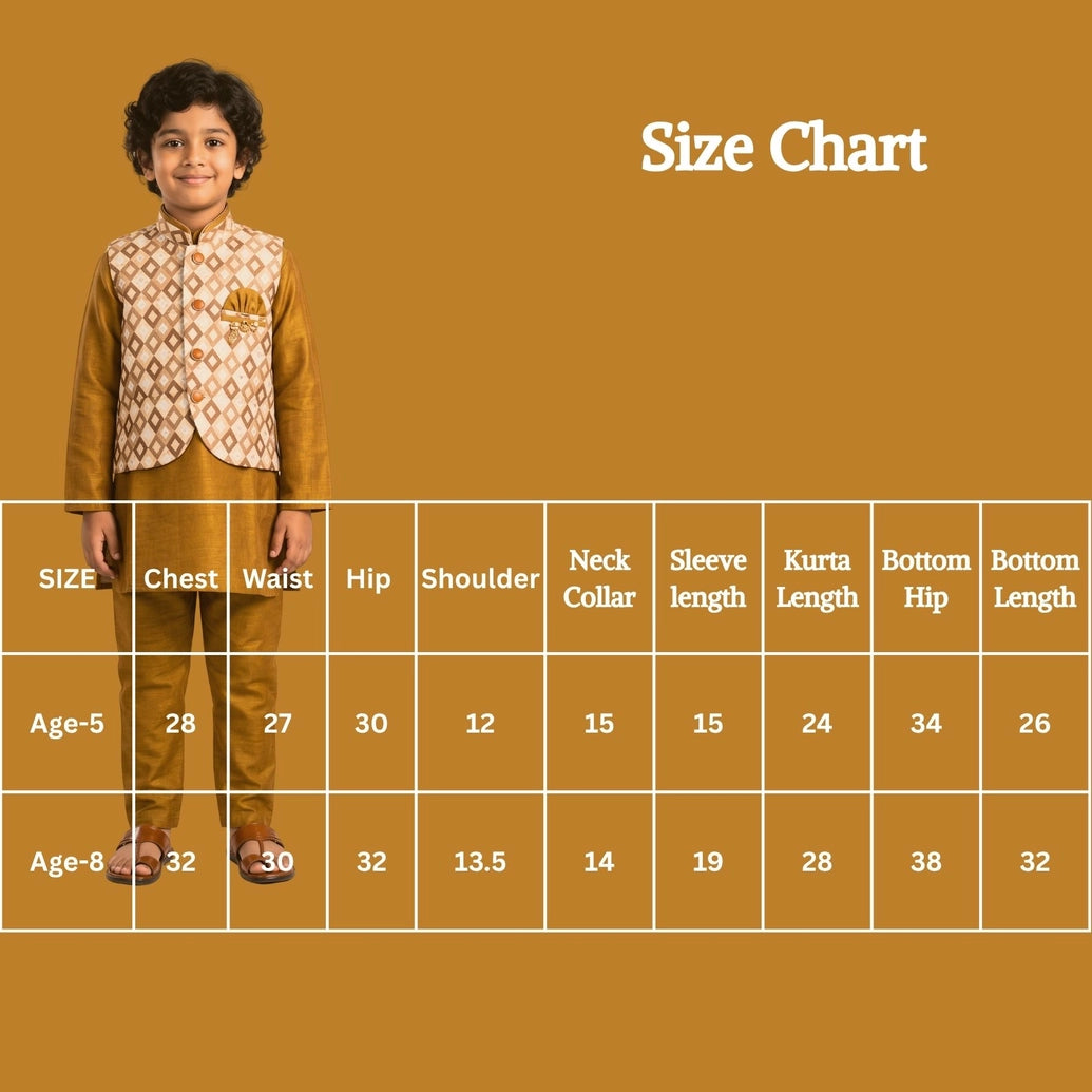 Boys Mustard Yellow Koti Kurta Set with Printed Nehru Jacket, Matching Pajama & Brooch (3-Piece)