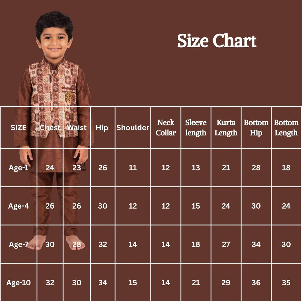 Boys’ Brown Koti Kurta Set (3-Piece) with Printed Sleeveless Koti & Traditional Motifs