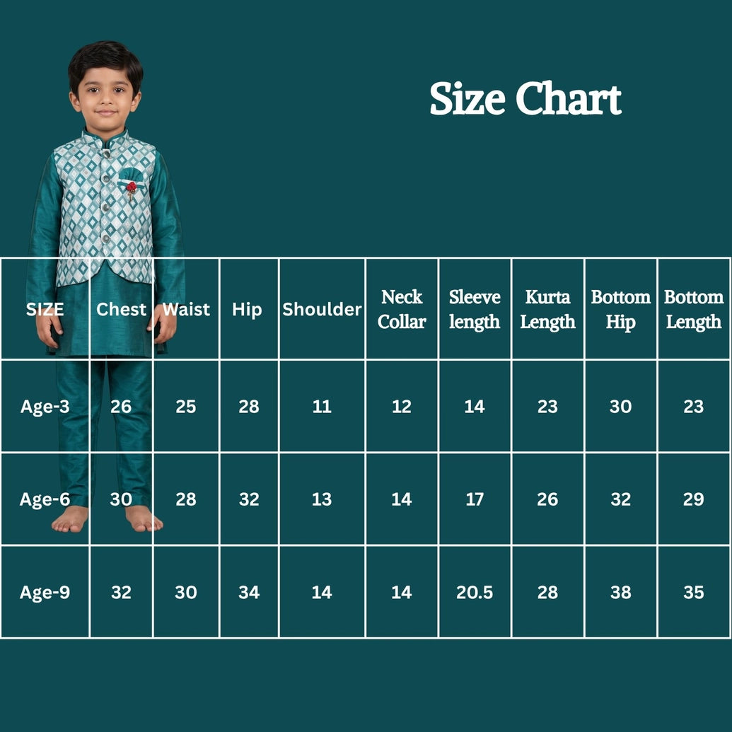 Boys Sky Blue Koti Kurta Set with Printed Nehru Style Waistcoat, Matching Pants and Decorative Brooch