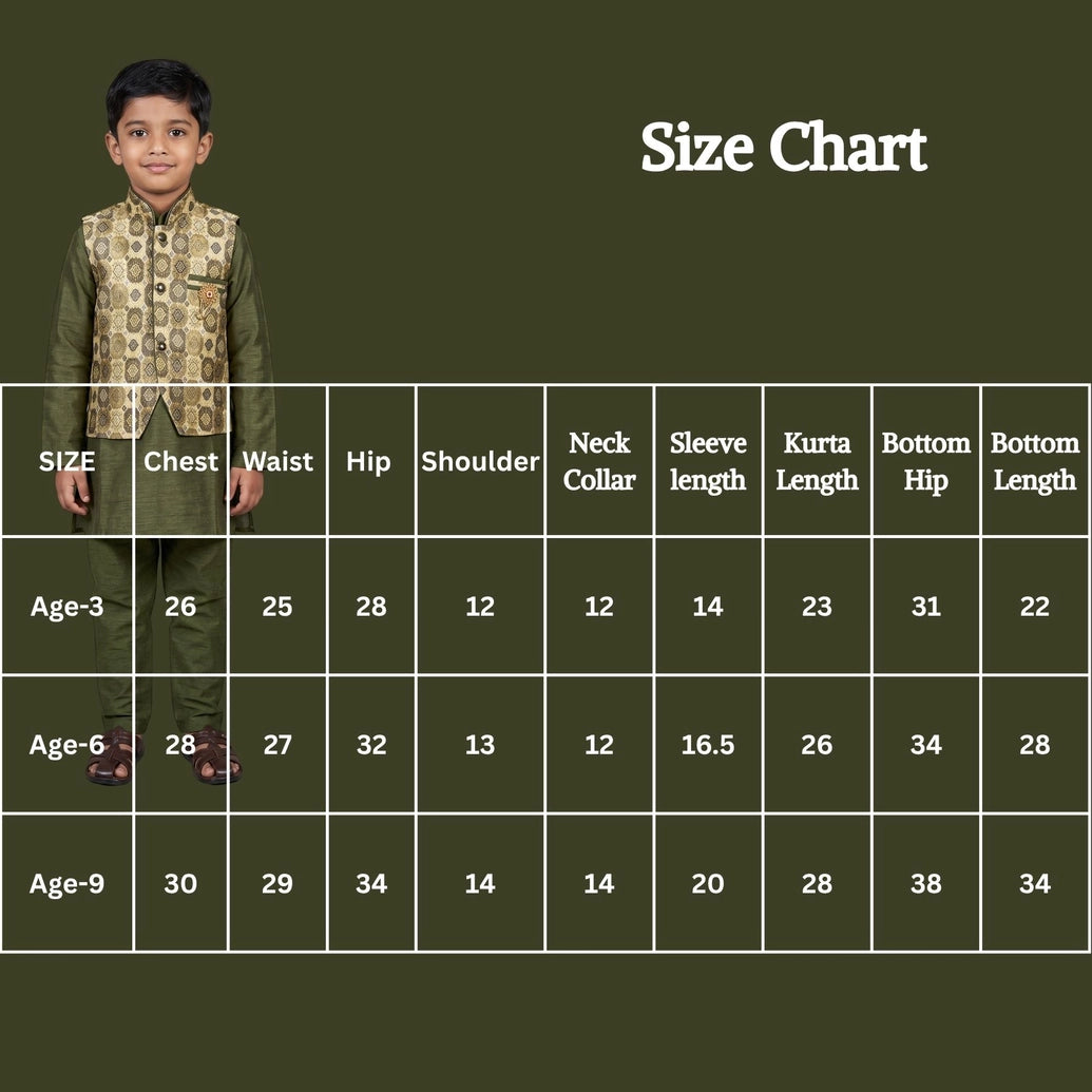 Boys Mehendi Green Koti 3-Piece Kurta Set with Printed Sleeveless Koti and Matching Pants