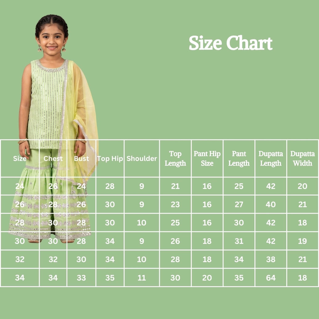 Pista Green Girls Satin Garara 3-Piece Set with Sleeveless Striped Kurti & Silver Embroidered Bands