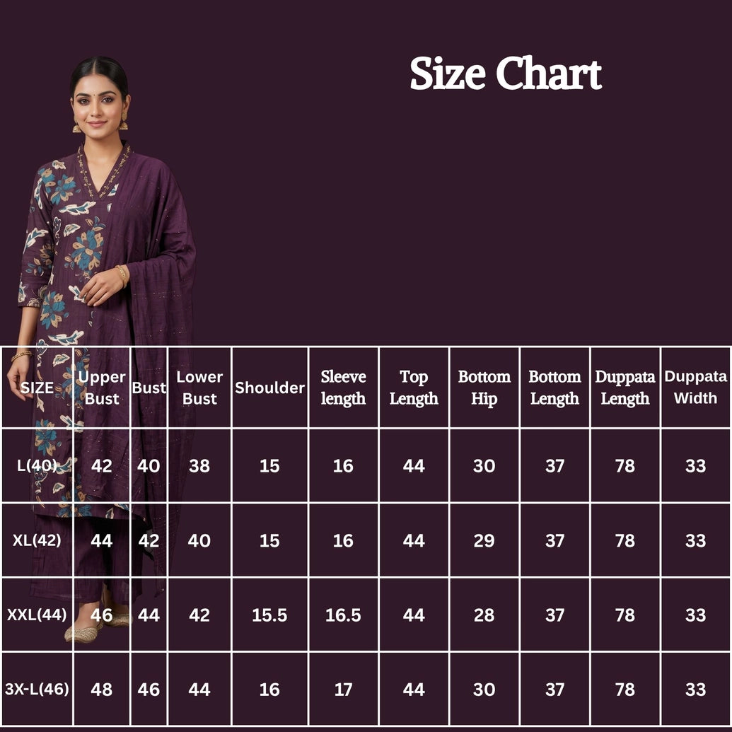 Purple Cotton 3-Piece Kurti Set with Aari & Mirror Work, Elastic Pant and Chiffon Dupatta