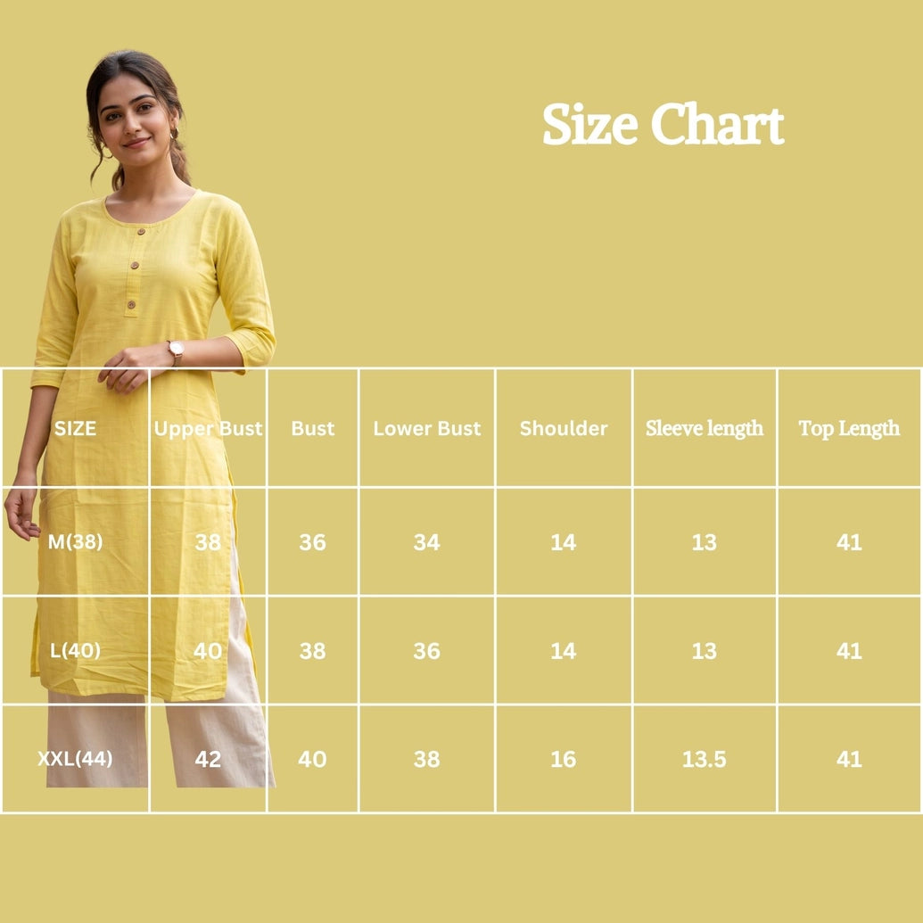 Lime Yellow Two-Tone Plain Straight Kurti with Round Neck Button Front, 3/4 Sleeves for Women