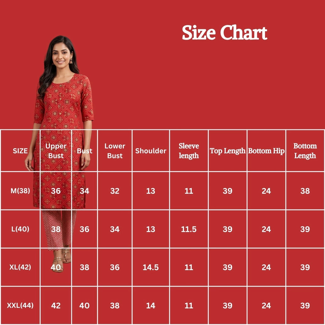 Red Rayon Printed Kurti & Pant 2-Piece Set with Elastic, Floral & Geometric Motifs, 3/4 Sleeves
