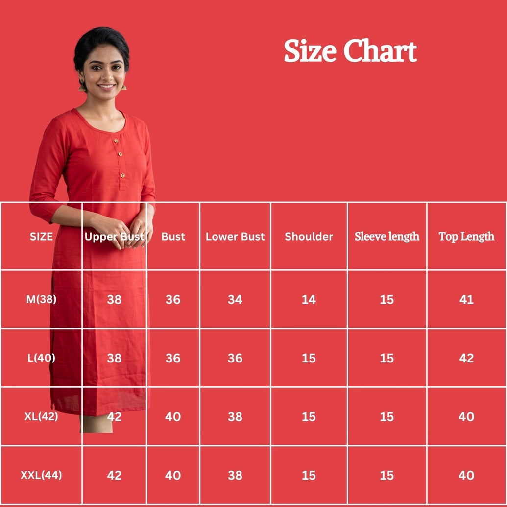 Red Two-Tone Printed Straight Kurti with Round Neck, 3/4 Sleeves and Front Button Detail