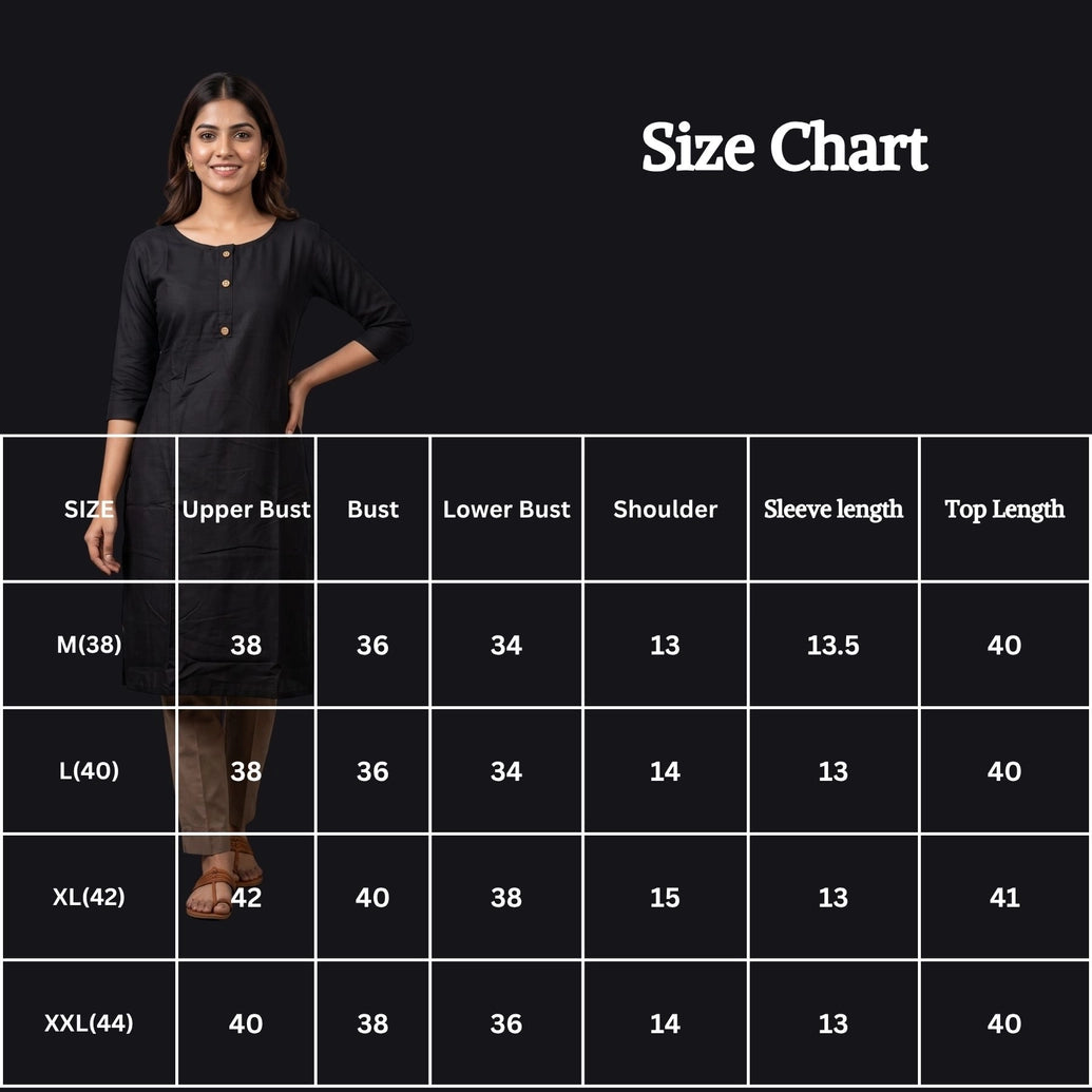 Black Two-Tone Dyed Round Neck Kurti with 3/4 Sleeves and Front Button Detail