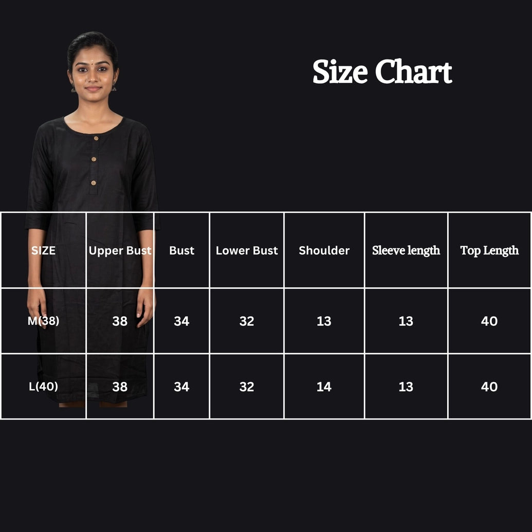 Black Two-Tone Printed Kurti with Round Neck, 3/4 Sleeves & Front Button Detailing