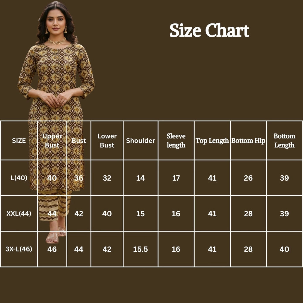 Mustard Yellow Rayon Kurti Set with Elastic Pant, Foil Geometric Print, Round Neck, 3/4 Sleeves