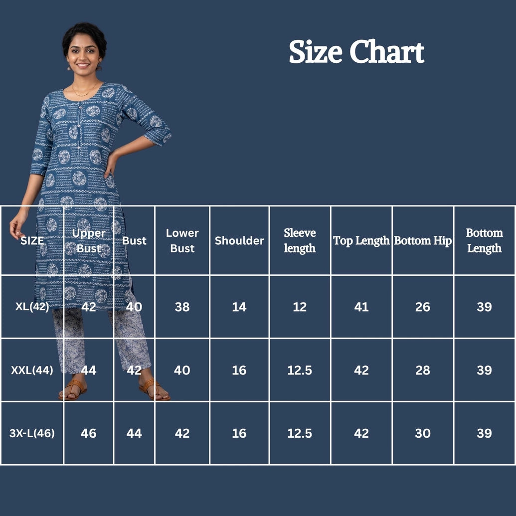 Indigo Blue Rayon Kurti with Printed Elastic Pant 2-Piece Set for Women | Round Neck, 3/4 Sleeves