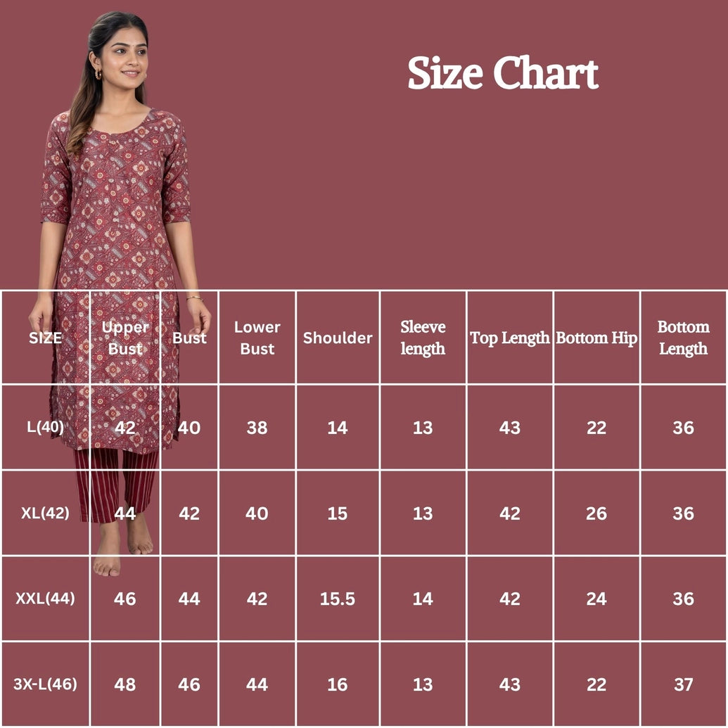 Maroon Rayon Kurti Pant Set with Elastic | Geometric Floral Print, Round Neck 3/4 Sleeves