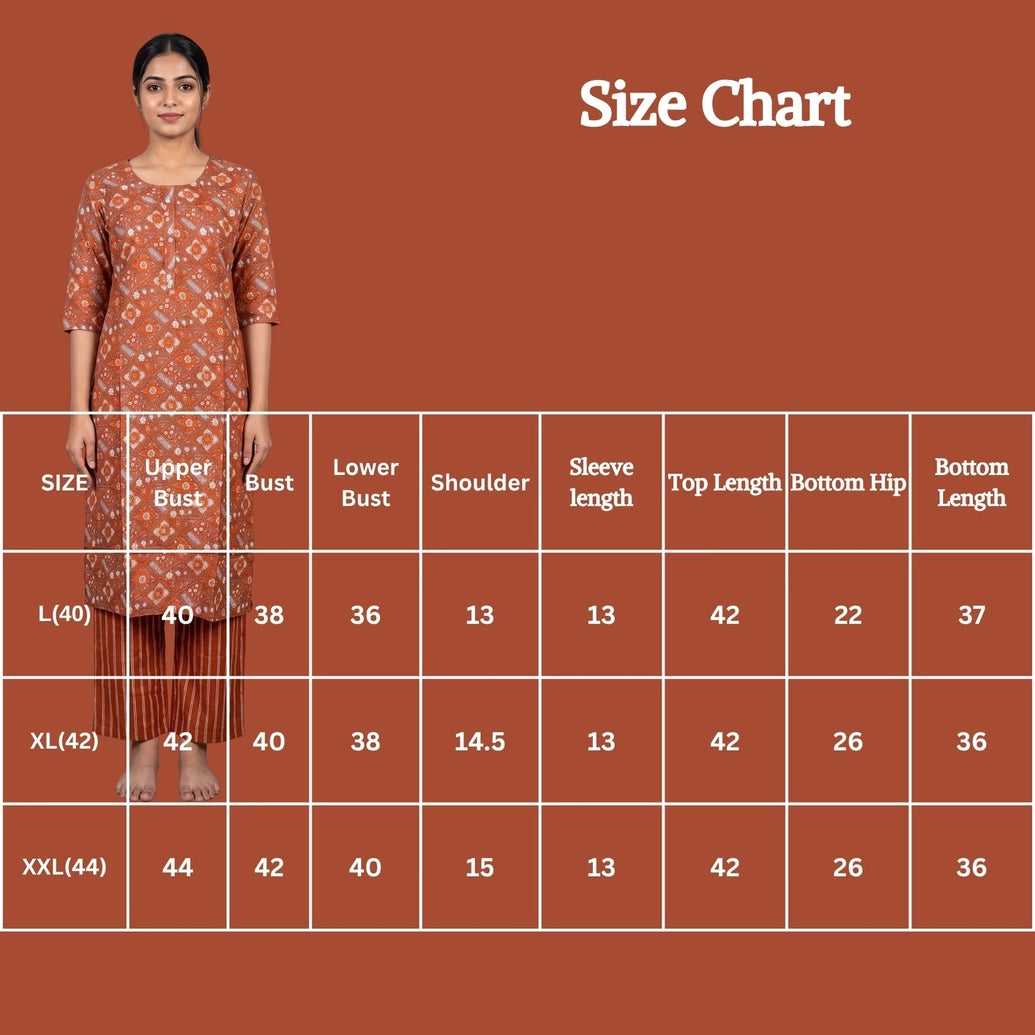 Rust Orange Rayon 2-Piece Kurti Set with Elastic Pant, Geometric-Floral Print, Round Neck and 3/4 Sleeves