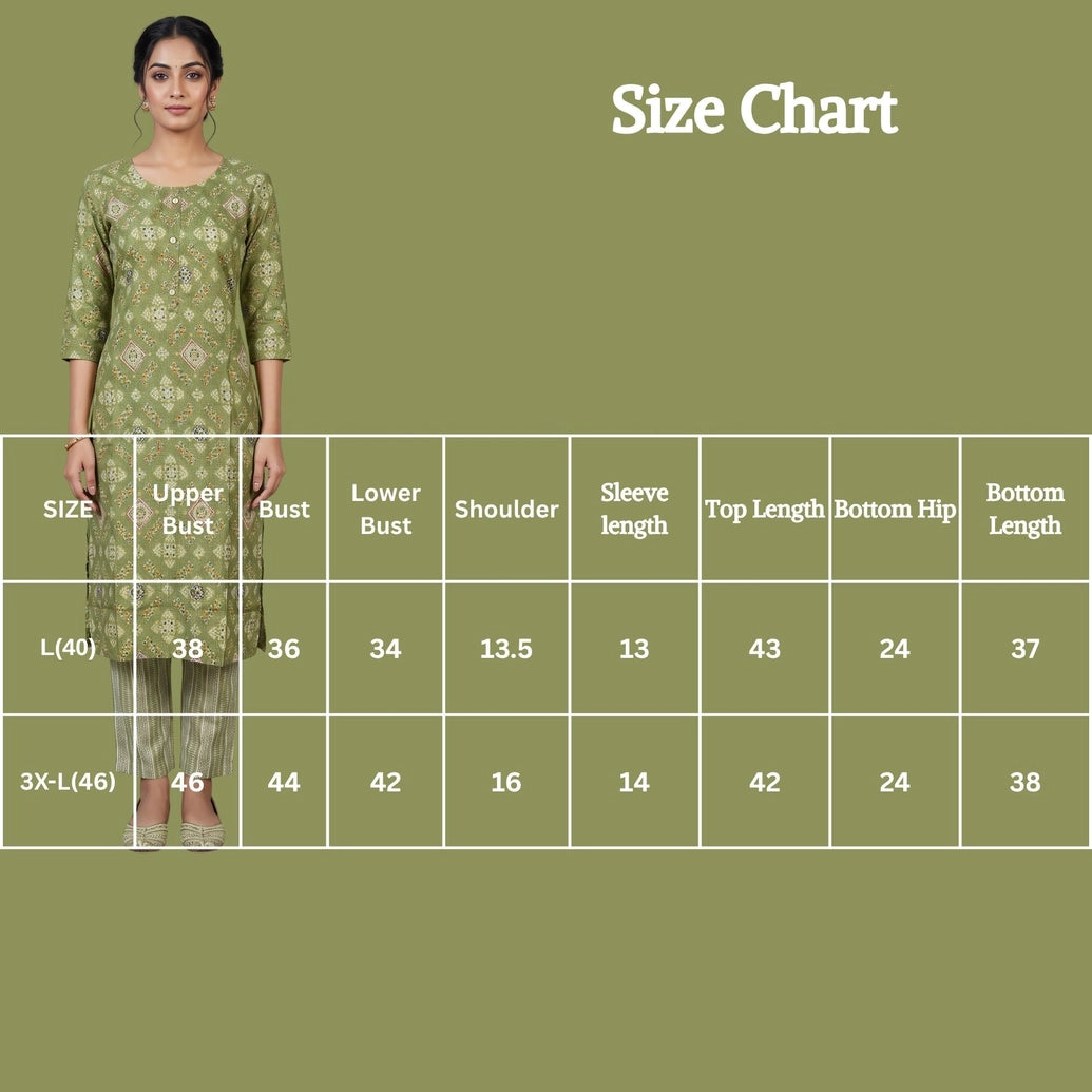 Olive Green Rayon 2-Piece Kurti Set with Elastic Pant, Geometric Foil Print, Round Neck, 3/4 Sleeves