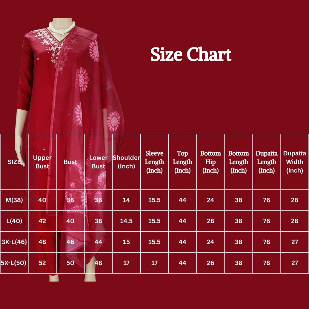 Maroon Silk 3-Piece Salwar Suit - Aari, Mirror & Pearl Embroidery with Organza Printed Dupatta